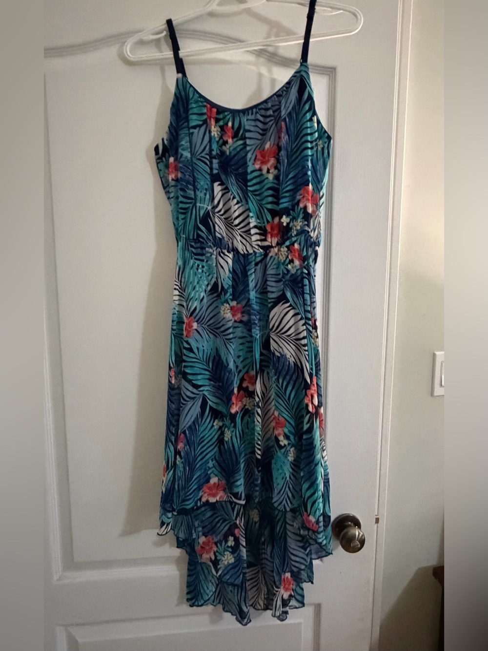 Suzy Shier Tropical Leaf Print Blue High-Low dress